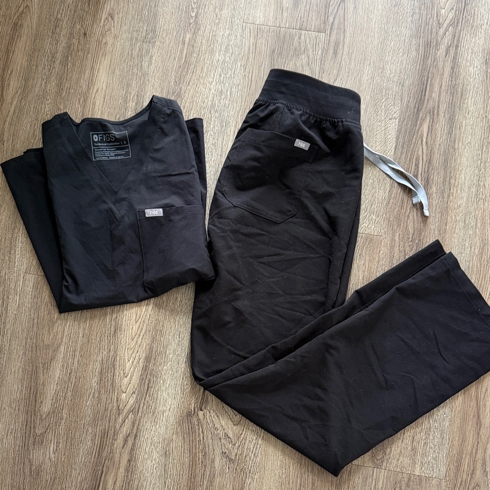 Figs Black V-Neck Scrub Top and high waisted wide leg Pants Set